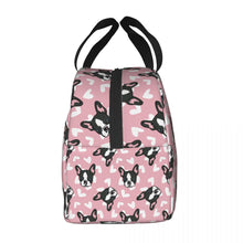 Load image into Gallery viewer, Side image of an insulated Boston Terrier lunch bag with exterior pocket in pink color