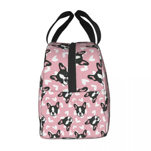 Side image of an insulated Boston Terrier lunch bag with exterior pocket in pink color
