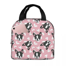Load image into Gallery viewer, Image of an insulated pink color Boston Terrier lunch bag with exterior pocket