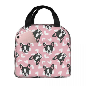 Image of an insulated pink color Boston Terrier lunch bag with exterior pocket