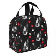 Load image into Gallery viewer, Image of an insulated Boston Terrier bag with exterior pocket in black color