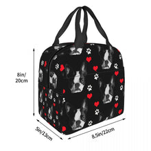 Load image into Gallery viewer, Image of the size of an insulated Boston Terrier lunch bag with exterior pocket in black color
