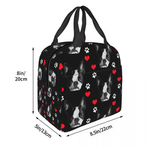 Image of the size of an insulated Boston Terrier lunch bag with exterior pocket in black color