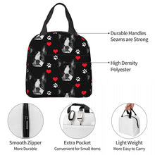Load image into Gallery viewer, Information detail image of an insulated Boston Terrier lunch bag with exterior pocket in black color