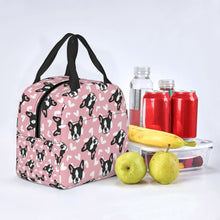 Load image into Gallery viewer, Image of an insulated Boston Terrier lunch bag with exterior pocket in the color pink