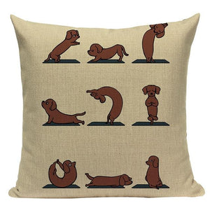 Image of a dachshund cushion cover in the cutest Dachshund doing Yoga design