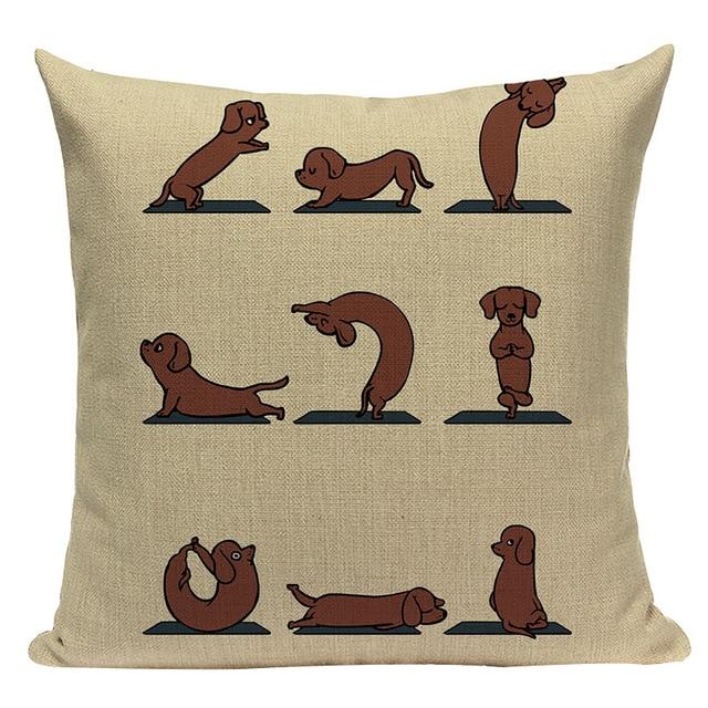 Image of a dachshund cushion cover in the cutest Dachshund doing Yoga design