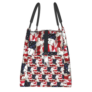 Side image of a Yorkie lunch bag in the cutest Yorkie design
